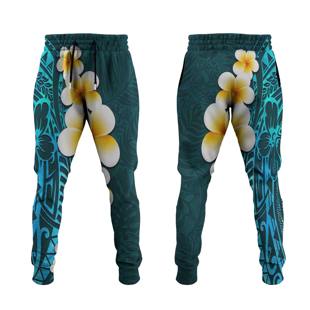 Turquosie Polynesia Jogger Pants Plumeria Tropical Leaves With Galaxy Polynesian Art - Polynesian Pride