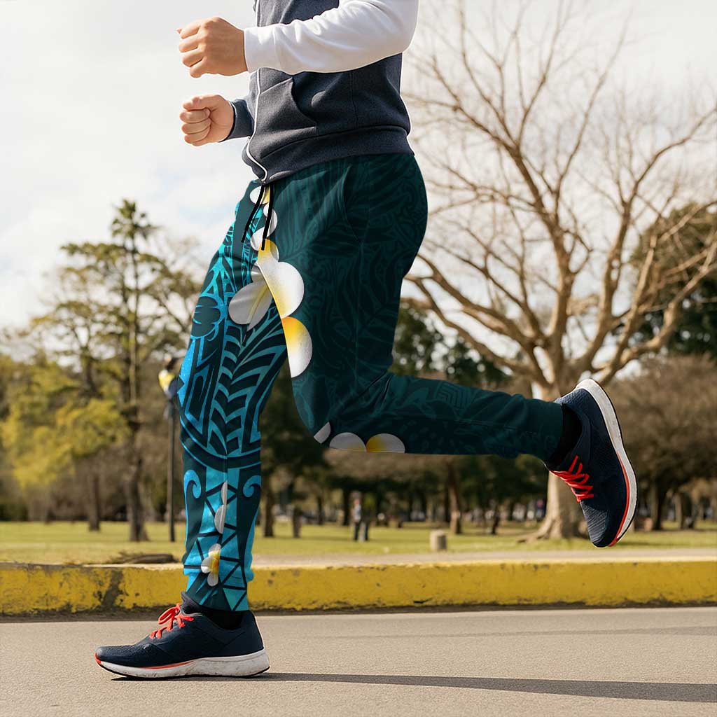 Turquosie Polynesia Jogger Pants Plumeria Tropical Leaves With Galaxy Polynesian Art - Polynesian Pride