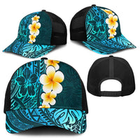 Turquosie Polynesia Mesh Trucker Cap Plumeria Tropical Leaves With Galaxy Polynesian Art - Polynesian Pride
