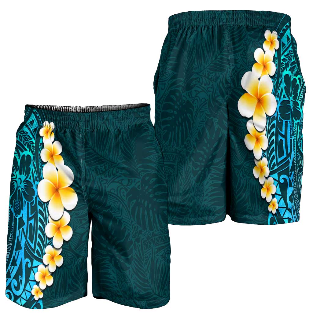 Turquosie Polynesia Shorts for Men Plumeria Tropical Leaves With Galaxy Polynesian Art - Polynesian Pride