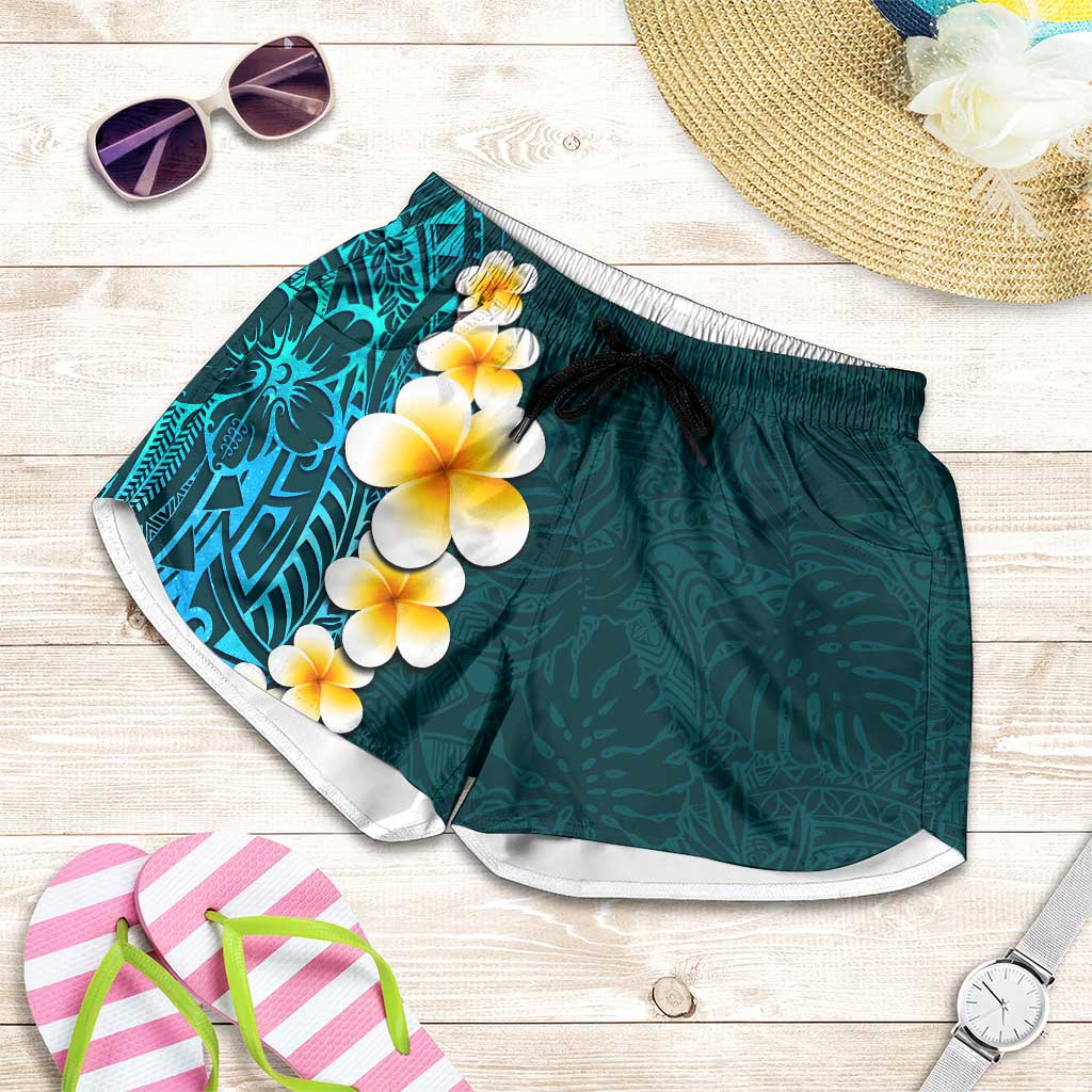 Turquosie Polynesia Shorts for Women Plumeria Tropical Leaves With Galaxy Polynesian Art LT14 Turquosie - Polynesian Pride
