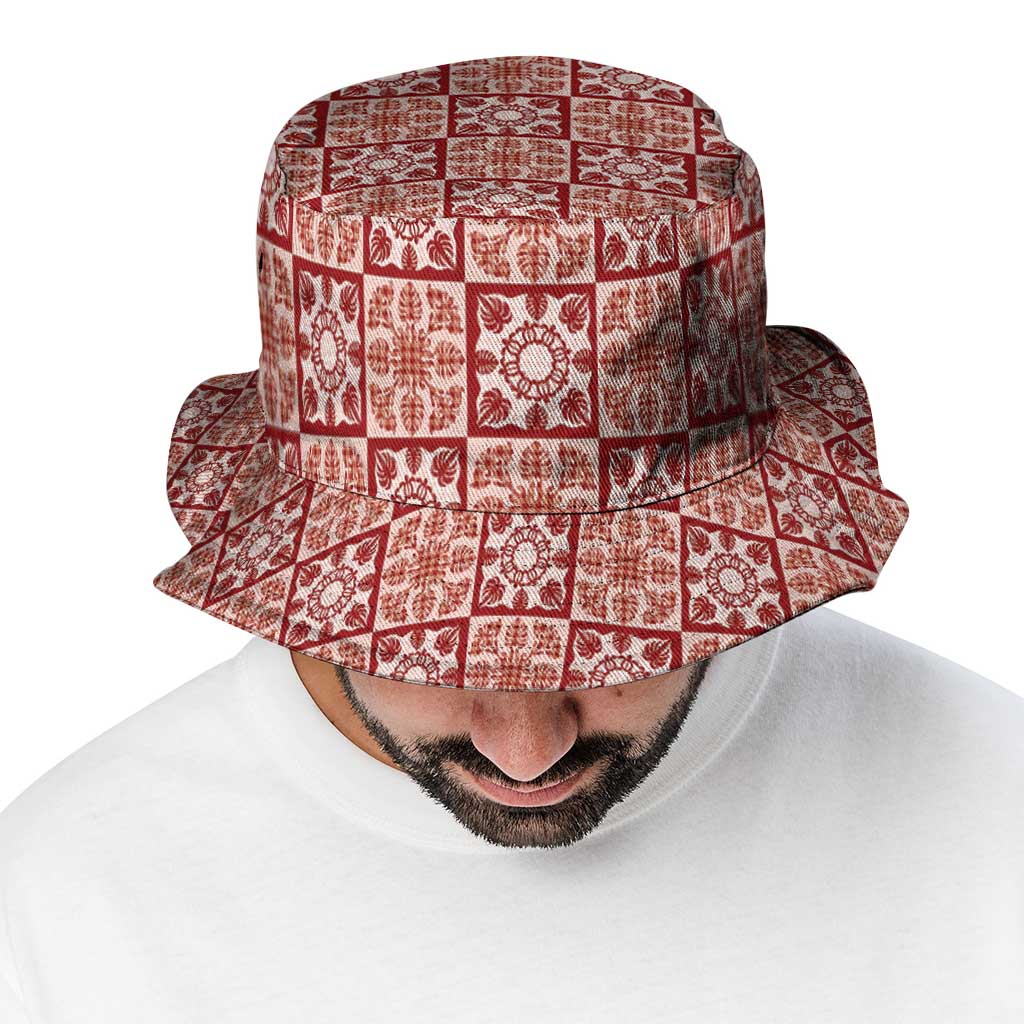Ulaula Palaka Quilt Hawaii Bucket Hat Hawaiian Tropical Monstera Sea Turtle