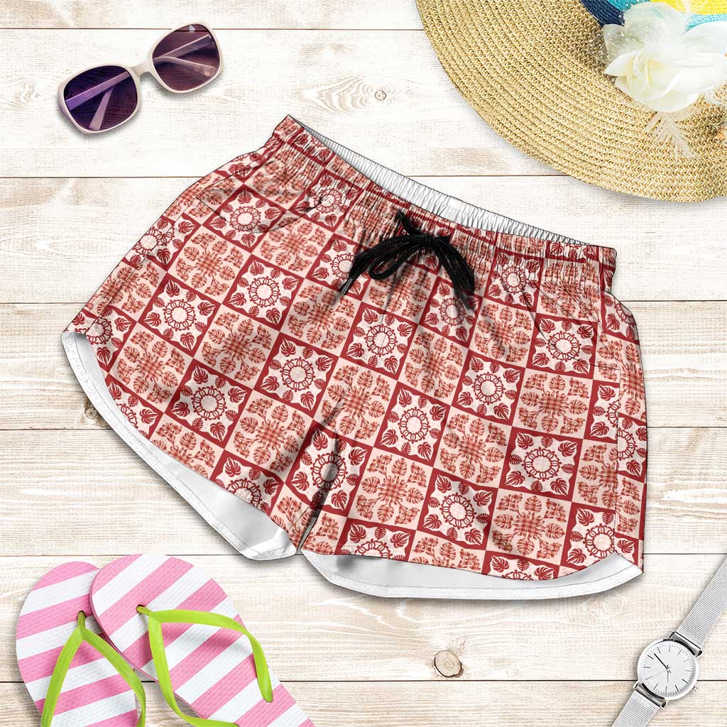 Ulaula Palaka Quilt Hawaii Shorts for Women Hawaiian Tropical Monstera Sea Turtle LT14 Red - Polynesian Pride