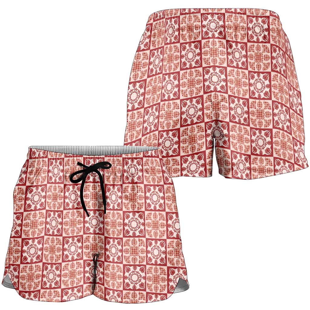 Ulaula Palaka Quilt Hawaii Shorts for Women Hawaiian Tropical Monstera Sea Turtle LT14 - Polynesian Pride
