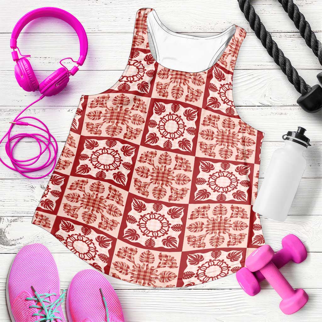 Ulaula Palaka Quilt Hawaii Women Racerback Tank Hawaiian Tropical Monstera Sea Turtle