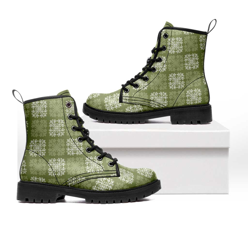 Vesuvian Green Palaka Quilt Hawaii Leather Boots Traditional Hawaii-plaid Pattern - Polynesian Pride