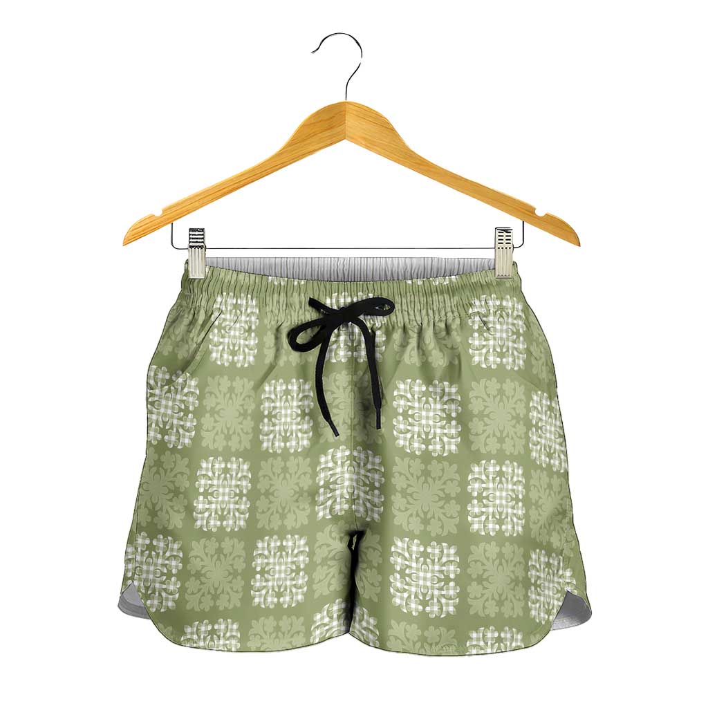 Vesuvian Green Palaka Quilt Hawaii Shorts for Women Traditional Hawaii-plaid Pattern - Polynesian Pride