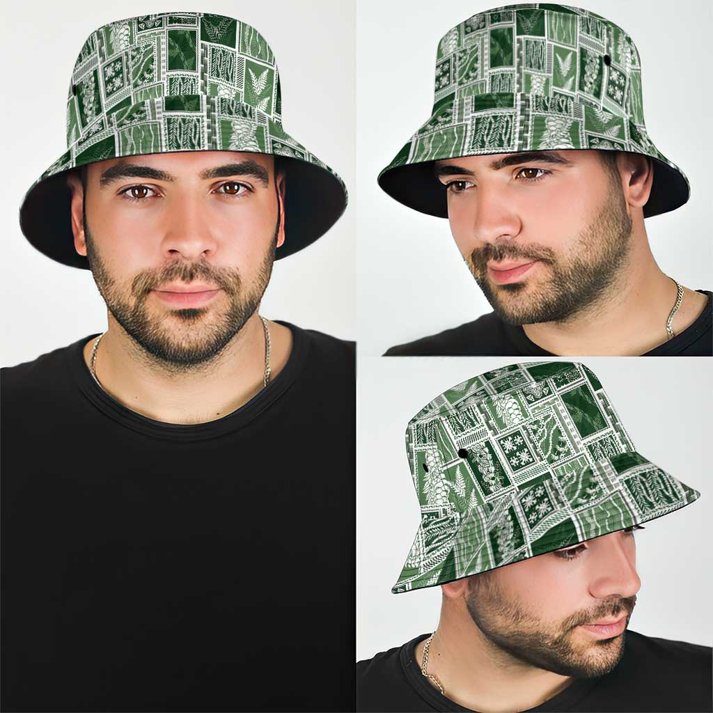 Vintage Aloha Block Quilt Bucket Hat Green Inspired Lei Motifs - Polynesian Pride