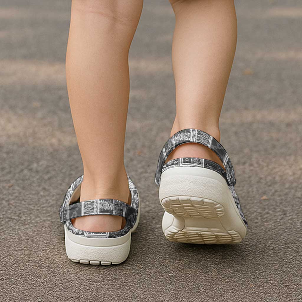 Vintage Aloha Block Quilt Clogs Shoes Black Inspired Lei Motifs - Polynesian Pride