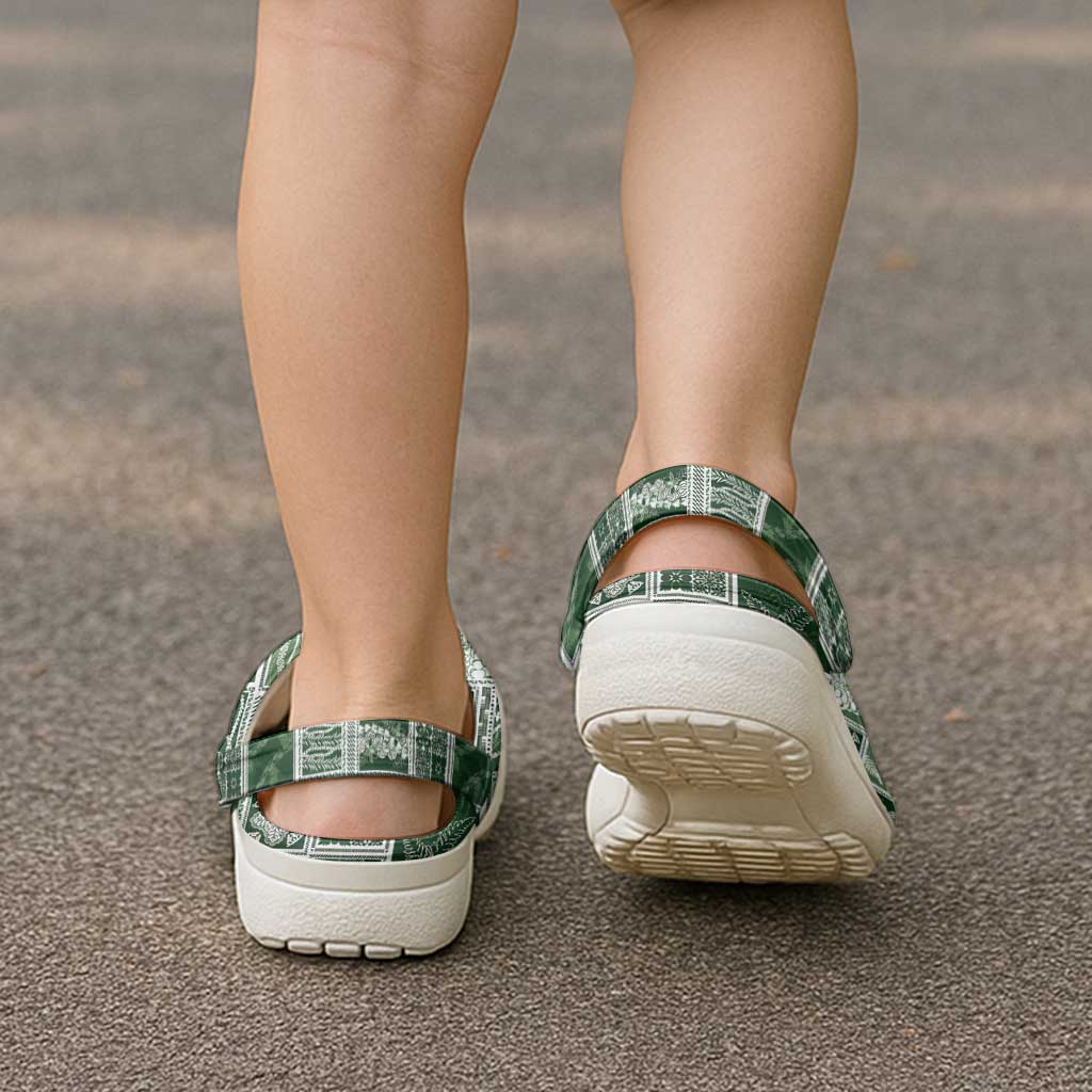 Vintage Aloha Block Quilt Clogs Shoes Green Inspired Lei Motifs - Polynesian Pride