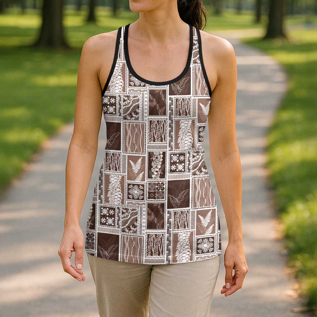 Vintage Aloha Block Quilt Hollow Tank Top Beige Inspired Lei Motifs - Polynesian Pride