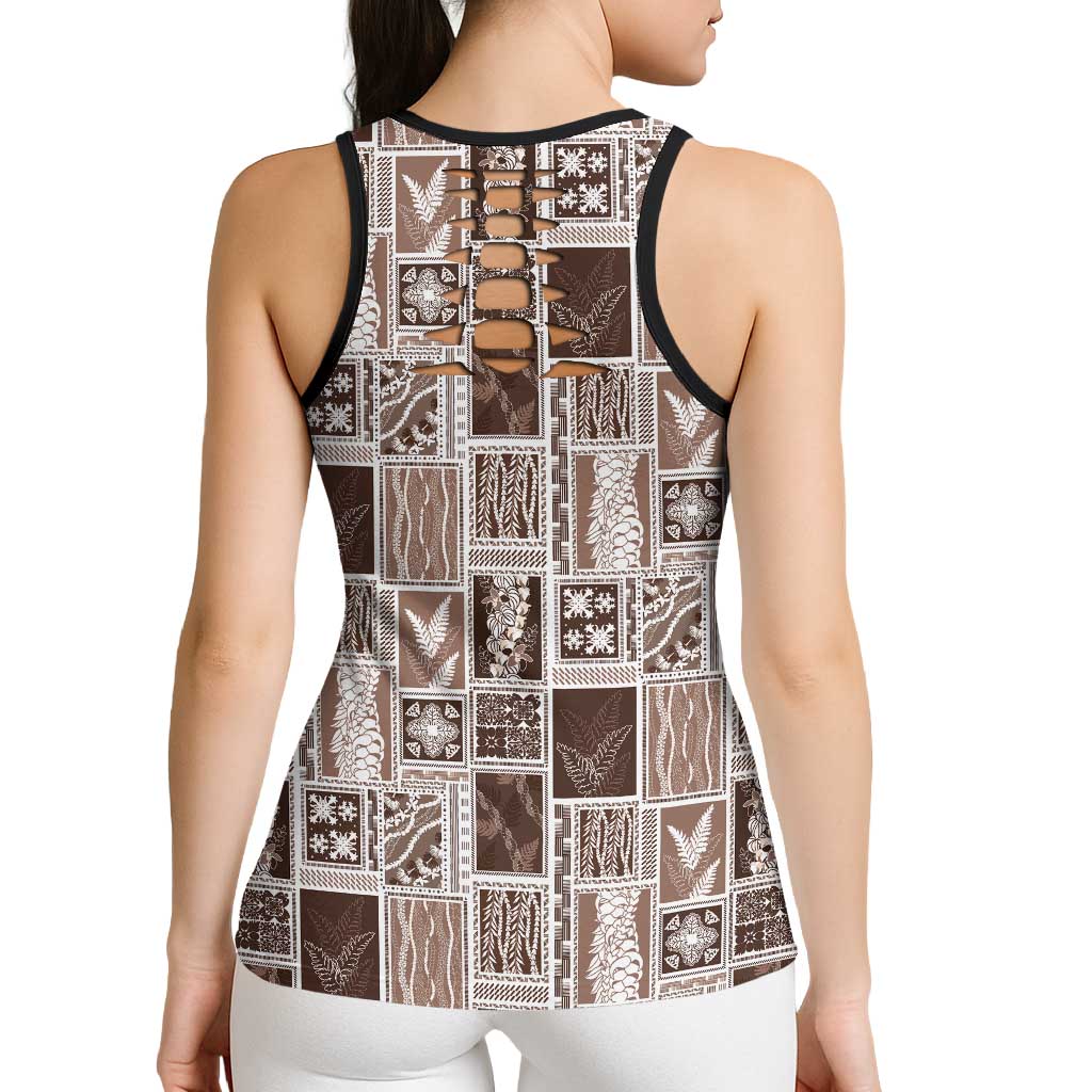 Vintage Aloha Block Quilt Hollow Tank Top Beige Inspired Lei Motifs - Polynesian Pride