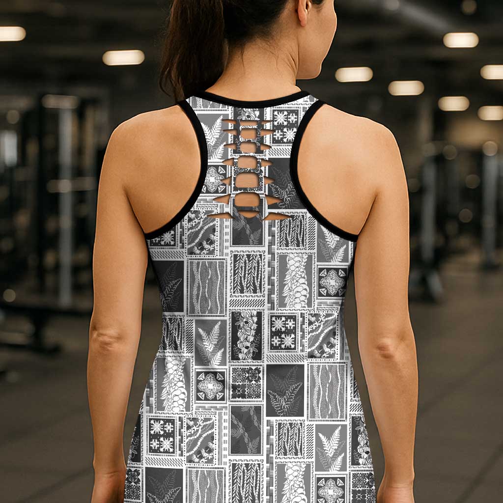 Vintage Aloha Block Quilt Hollow Tank Top Black Inspired Lei Motifs - Polynesian Pride