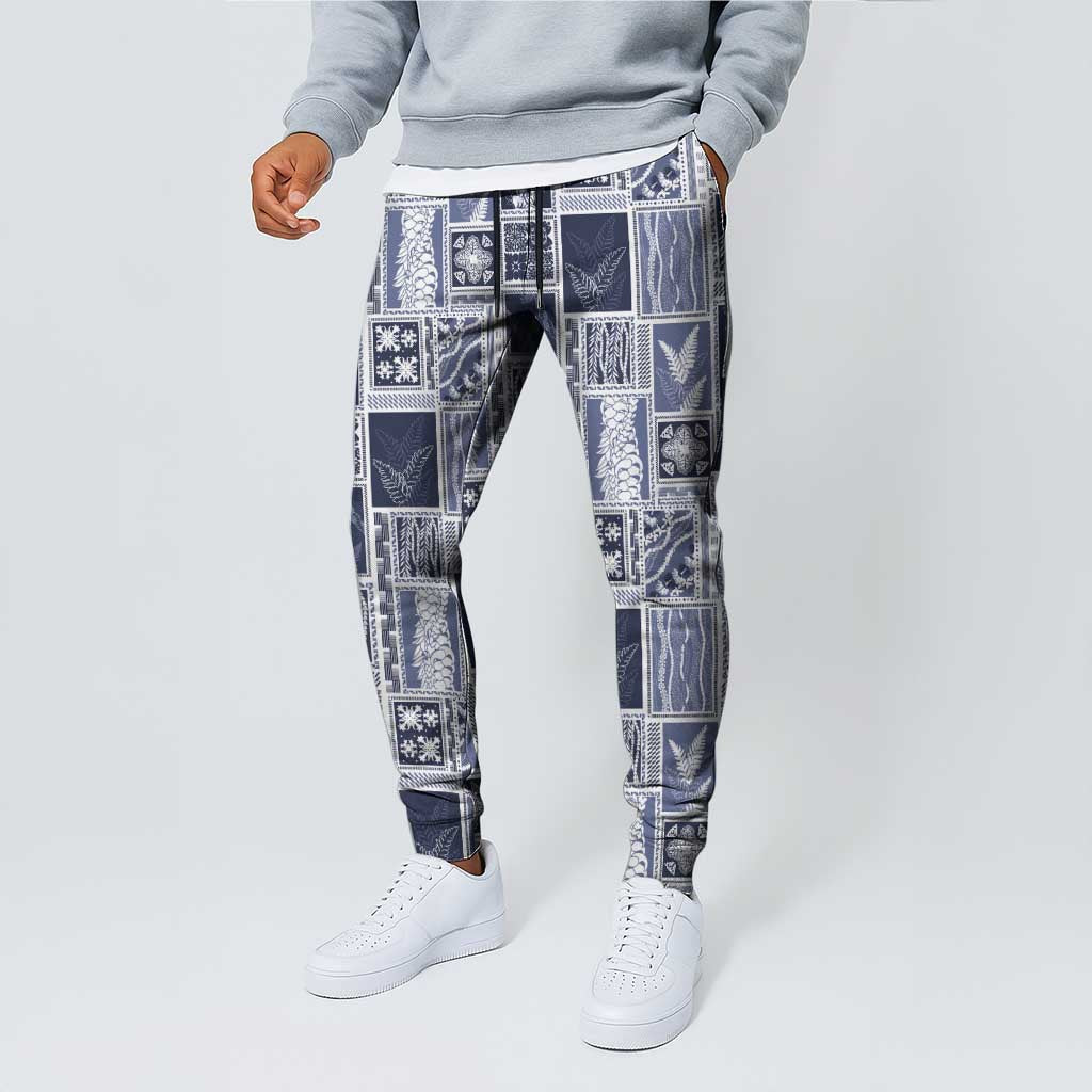 Vintage Aloha Block Quilt Jogger Pants Blue Inspired Lei Motifs - Polynesian Pride