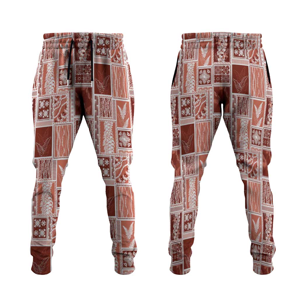 Vintage Aloha Block Quilt Jogger Pants Red Inspired Lei Motifs - Polynesian Pride