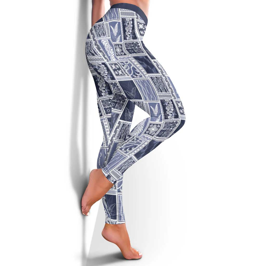 Vintage Aloha Block Quilt Leggings Blue Inspired Lei Motifs - Polynesian Pride