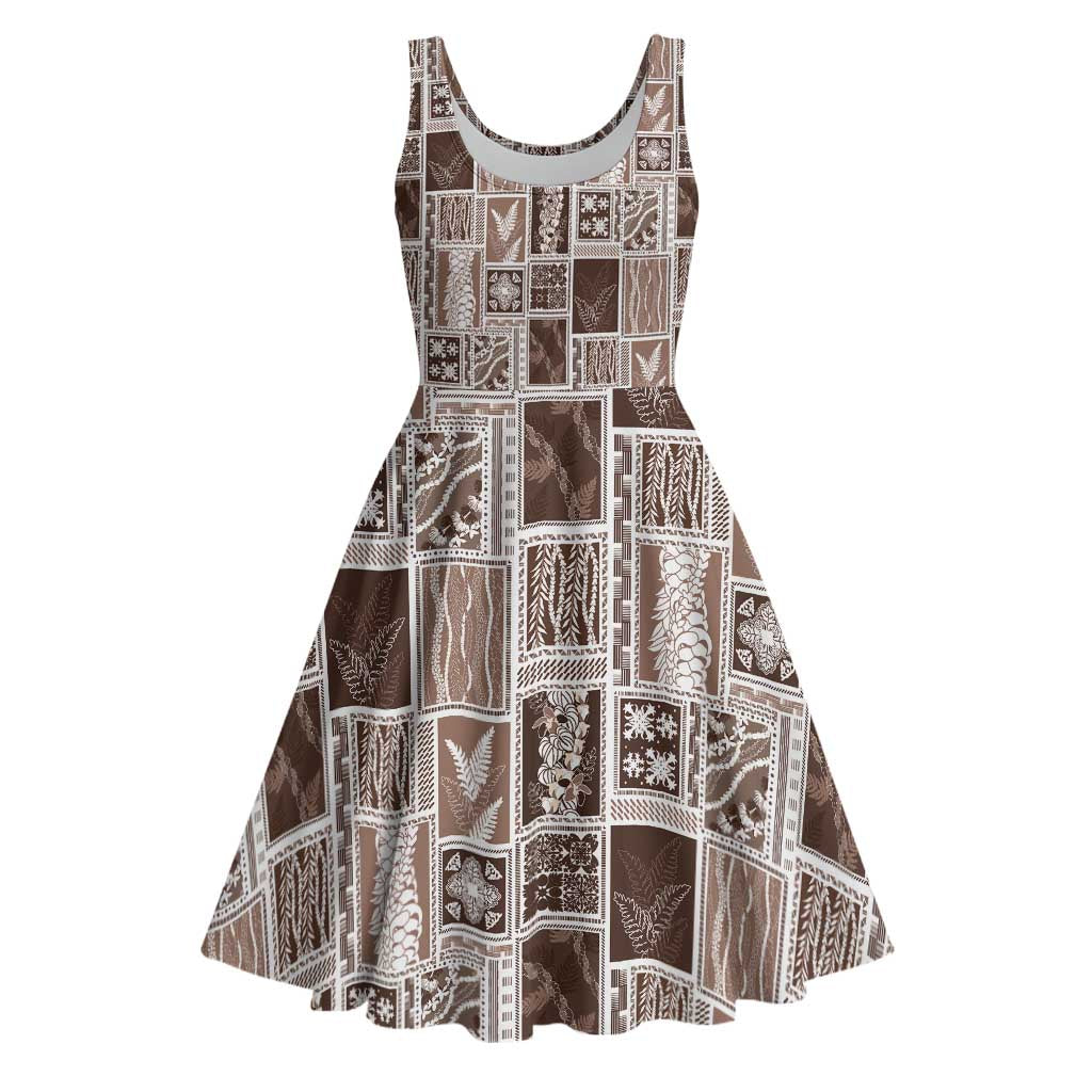 Vintage Aloha Block Quilt Midi Dress Beige Inspired Lei Motifs - Polynesian Pride