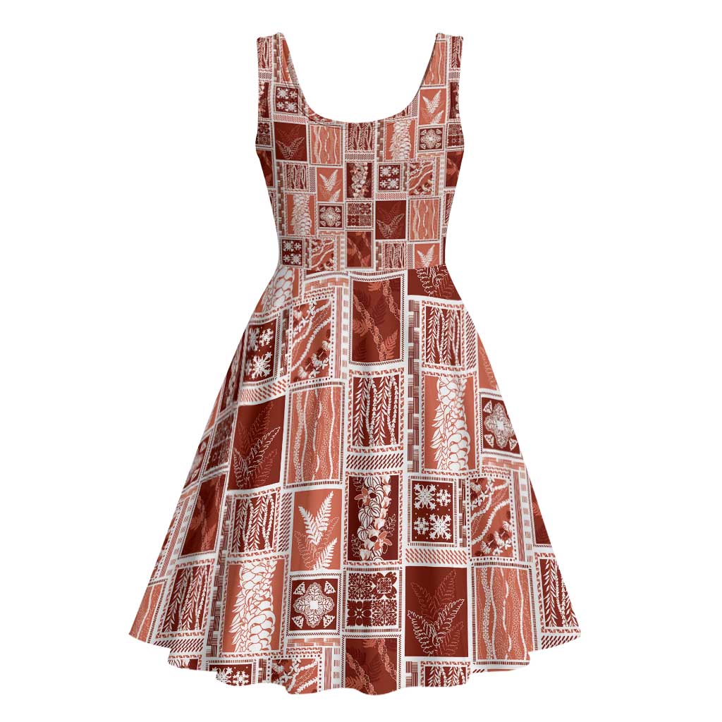 Vintage Aloha Block Quilt Midi Dress Red Inspired Lei Motifs - Polynesian Pride