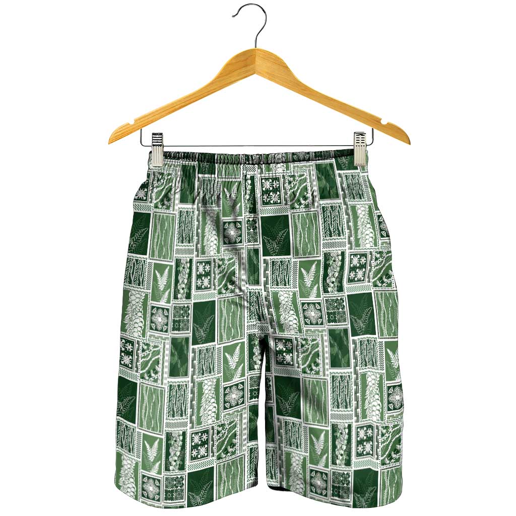 Vintage Aloha Block Quilt Shorts for Men Green Inspired Lei Motifs - Polynesian Pride
