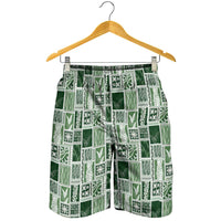 Vintage Aloha Block Quilt Shorts for Men Green Inspired Lei Motifs - Polynesian Pride