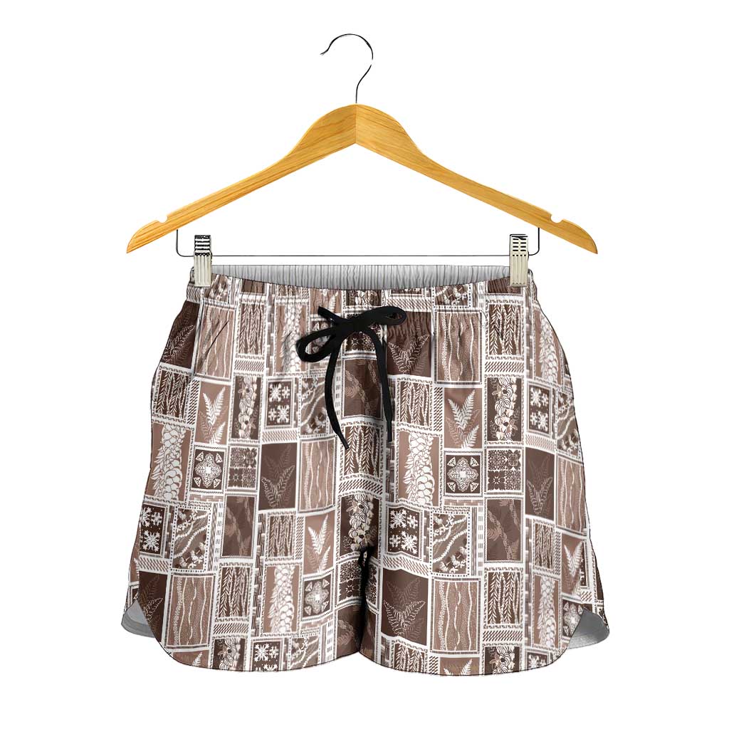 Vintage Aloha Block Quilt Shorts for Women Beige Inspired Lei Motifs - Polynesian Pride