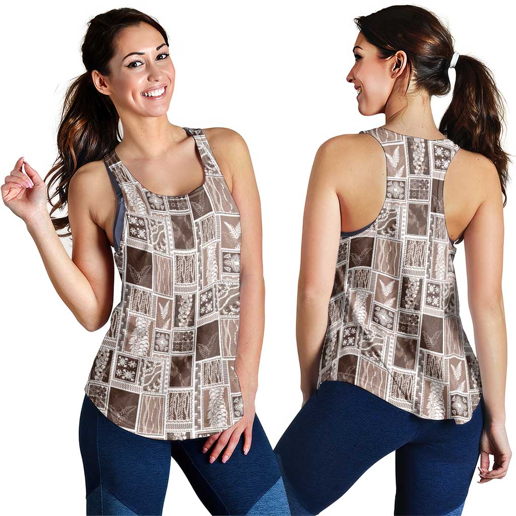 Vintage Aloha Block Quilt Women Racerback Tank Beige Inspired Lei Motifs - Polynesian Pride