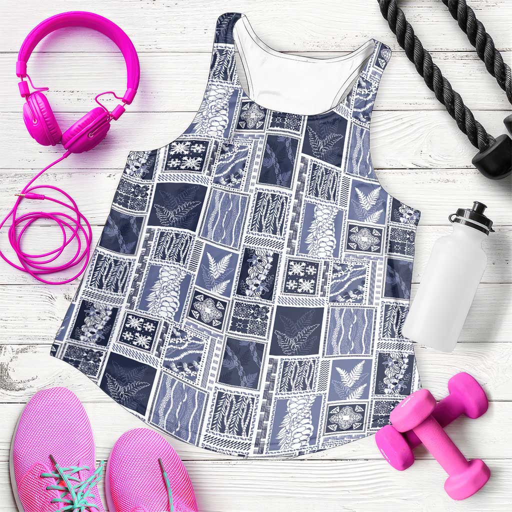 Vintage Aloha Block Quilt Women Racerback Tank Blue Inspired Lei Motifs - Polynesian Pride