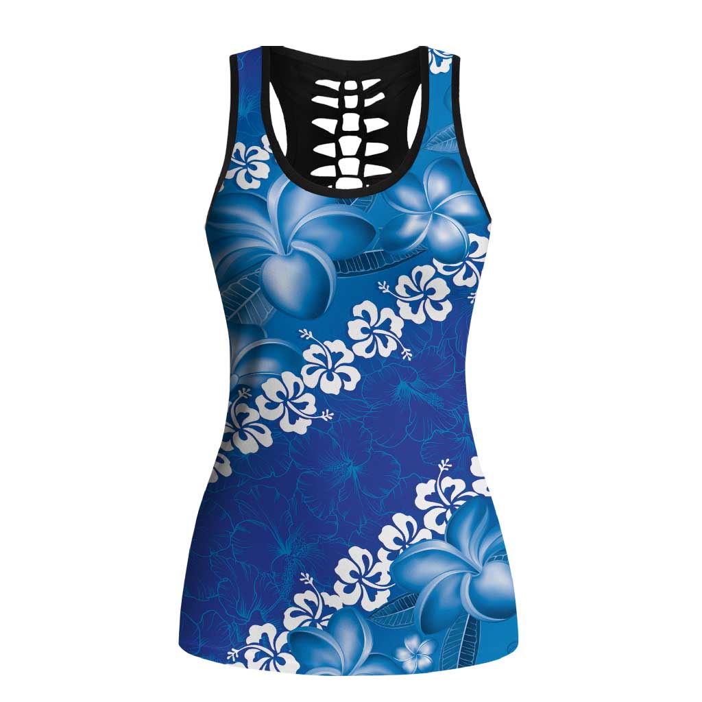 Vintage Blue Polynesia Hollow Tank Top Plumeria With Hibiscus Tropical Vibes - Polynesian Pride