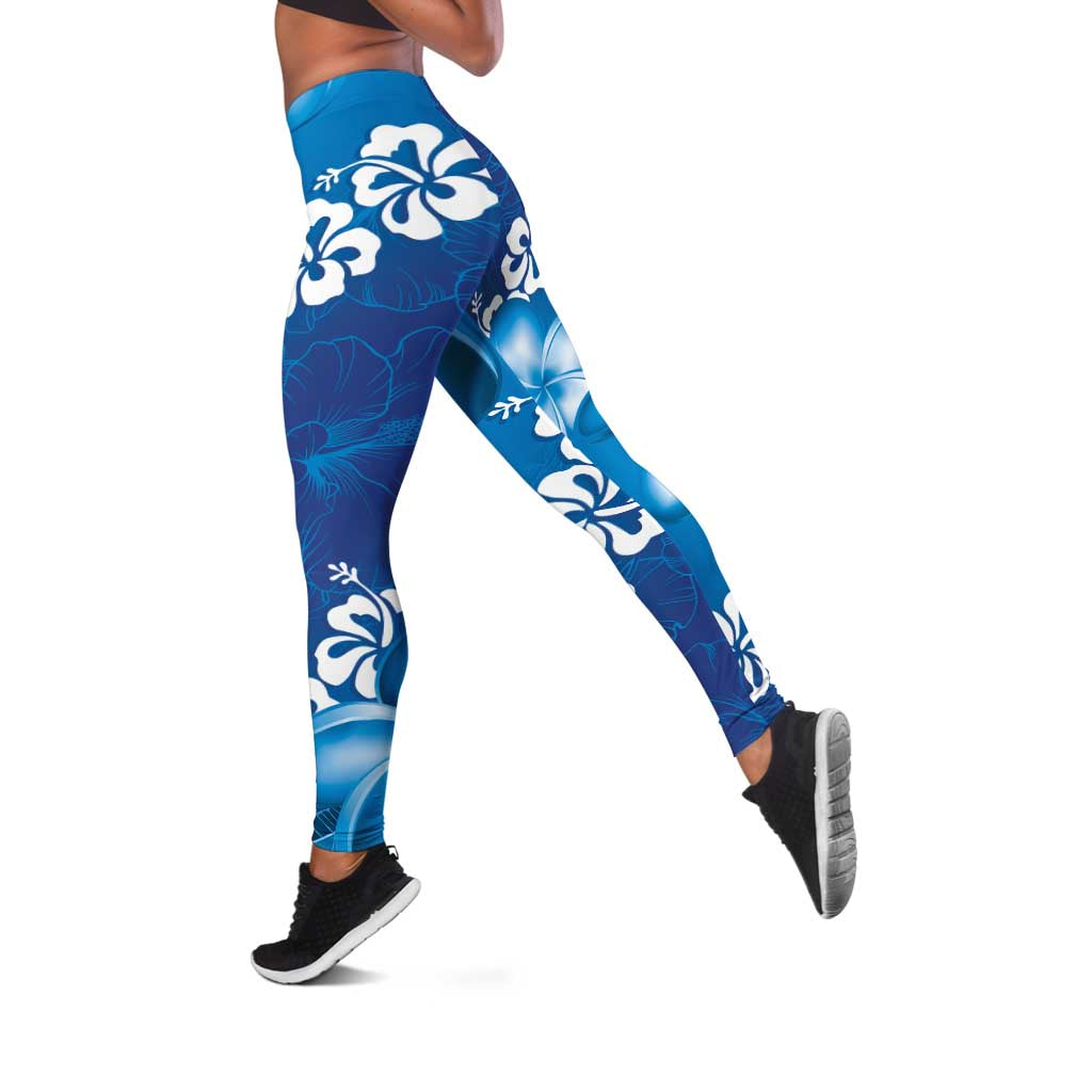 Vintage Blue Polynesia Leggings Plumeria With Hibiscus Tropical Vibes - Polynesian Pride