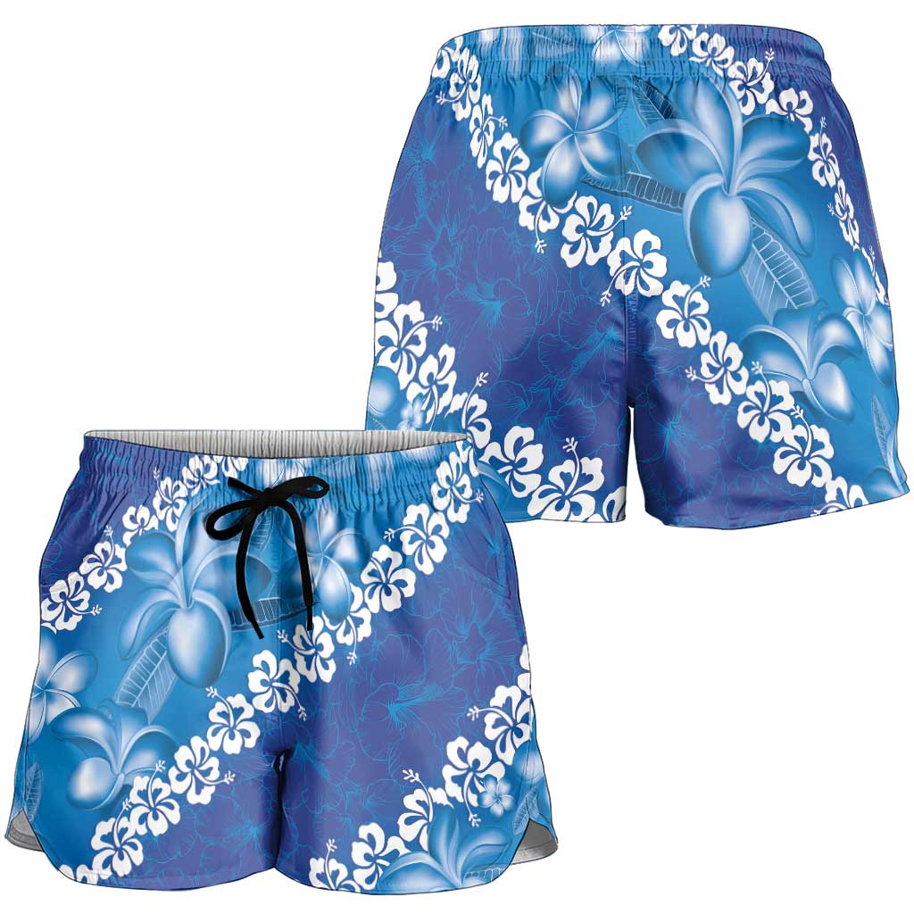 Vintage Blue Polynesia Shorts for Women Plumeria With Hibiscus Tropical Vibes - Polynesian Pride