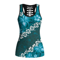 Vintage Dark Cyan Polynesia Hollow Tank Top Plumeria With Hibiscus Tropical Vibes - Polynesian Pride