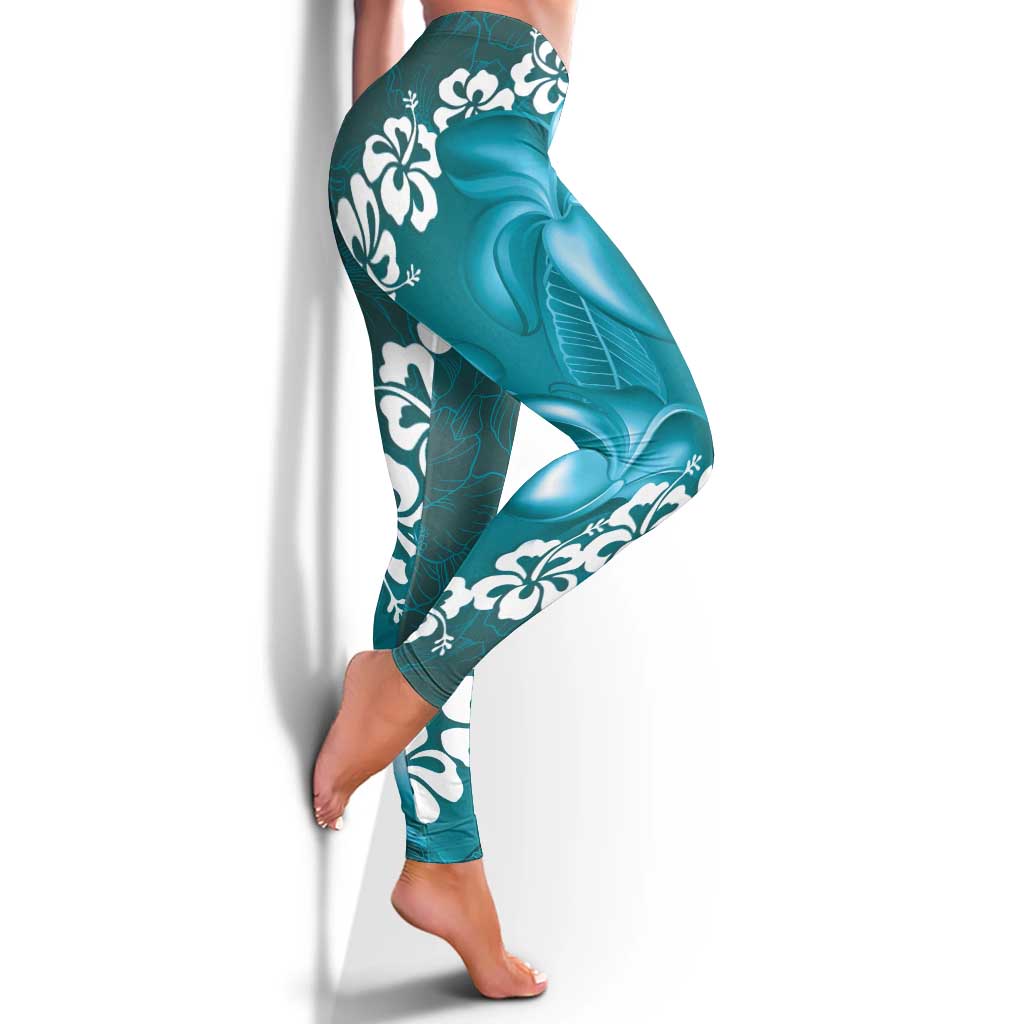 Vintage Dark Cyan Polynesia Leggings Plumeria With Hibiscus Tropical Vibes - Polynesian Pride