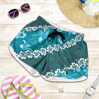 Vintage Dark Cyan Polynesia Shorts for Women Plumeria With Hibiscus Tropical Vibes LT14 Dark Cyan - Polynesian Pride