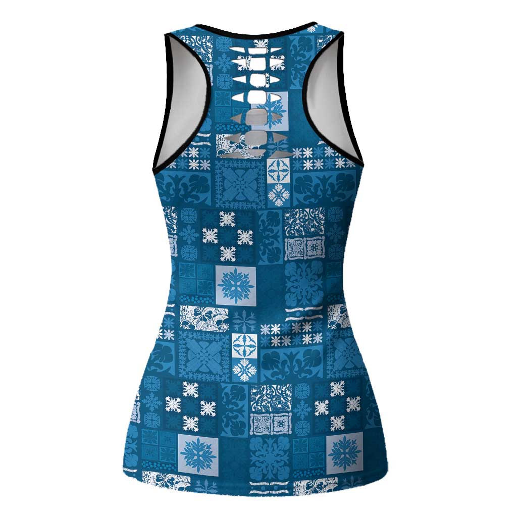 Vintage Hawaiian Quilting Patterns Hollow Tank Top Blue Style Tribal Fabric Patchwork - Polynesian Pride