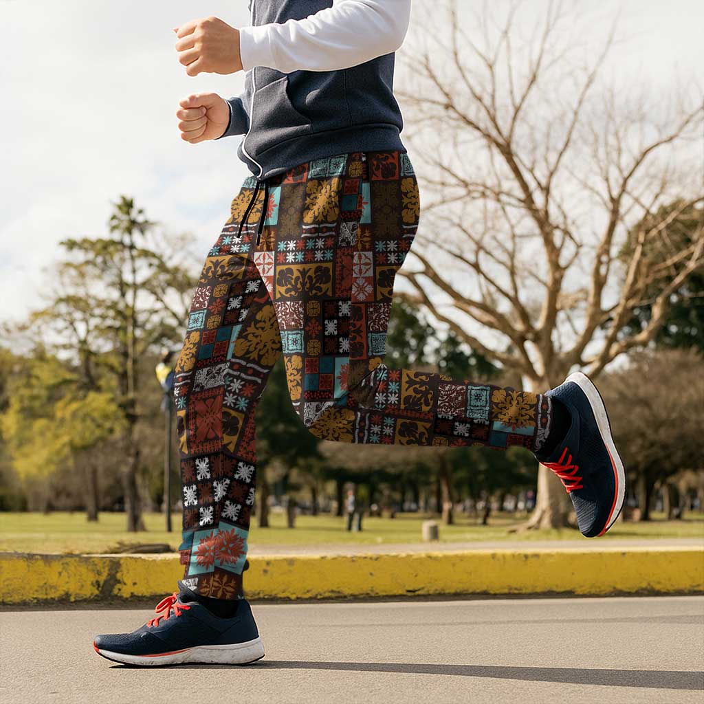 Vintage Hawaiian Quilting Patterns Jogger Pants Brown Style Tribal Fabric Patchwork - Polynesian Pride