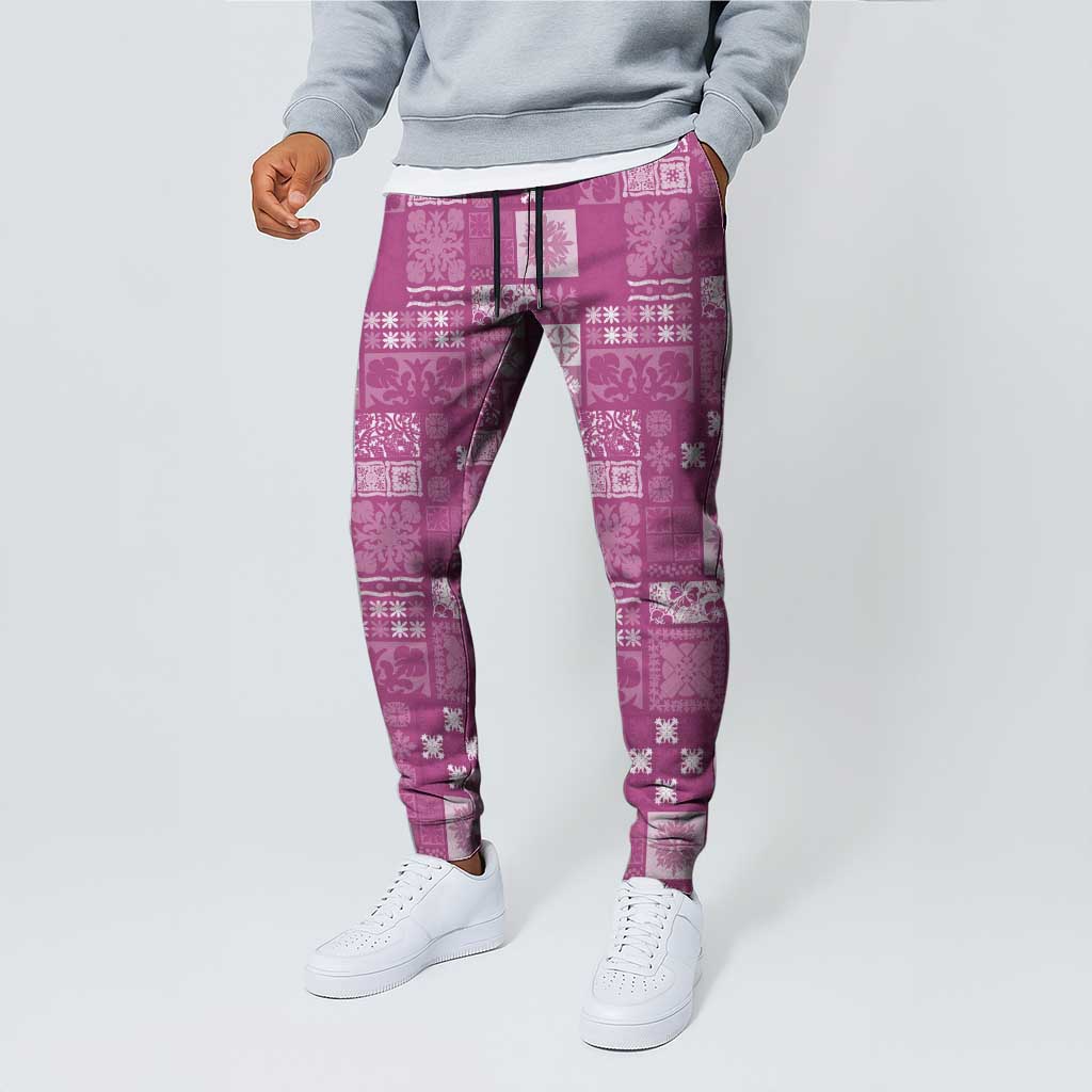 Vintage Hawaiian Quilting Patterns Jogger Pants Pink Style Tribal Fabric Patchwork - Polynesian Pride