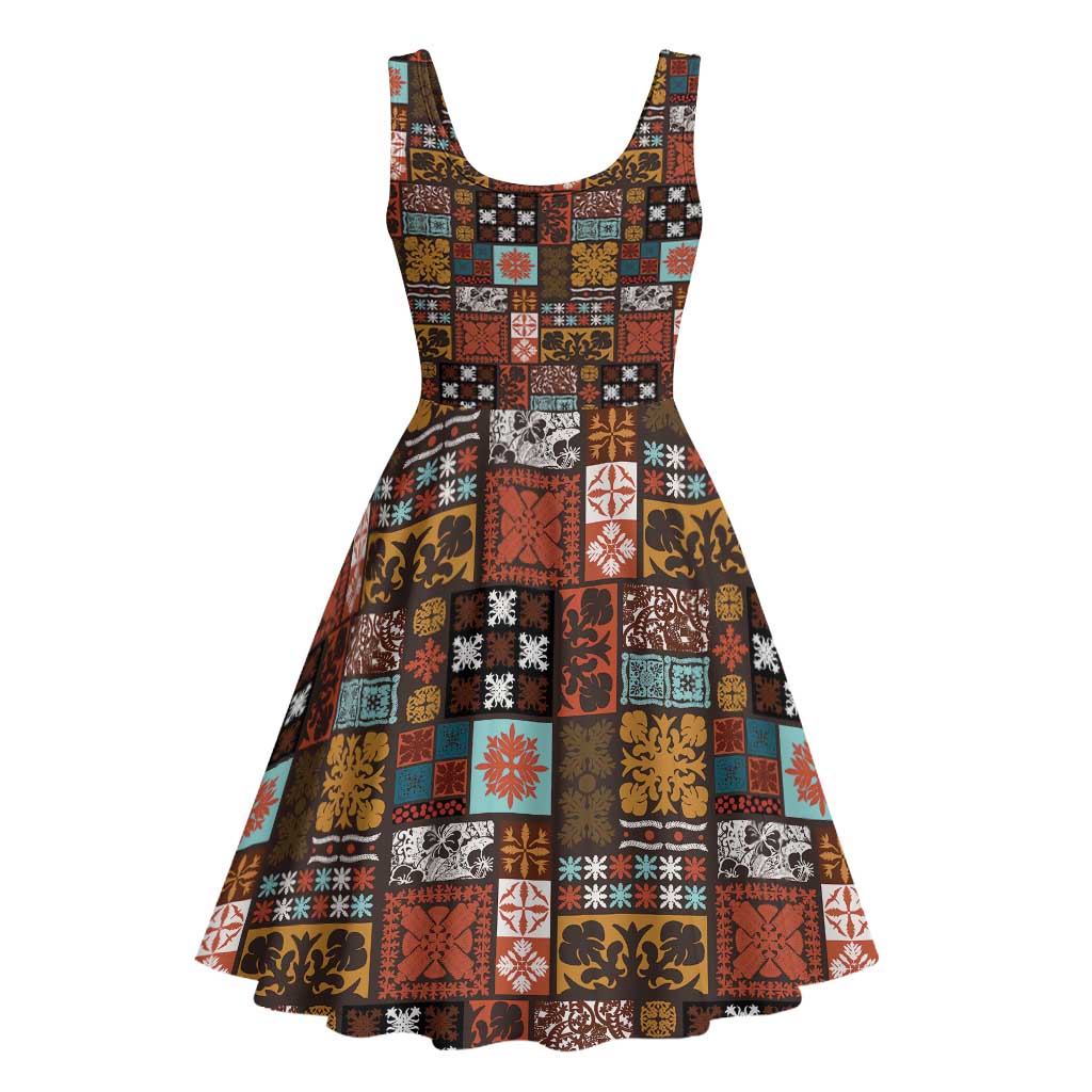 Vintage Hawaiian Quilting Patterns Midi Dress Brown Style Tribal Fabric Patchwork - Polynesian Pride
