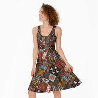 Vintage Hawaiian Quilting Patterns Midi Dress Brown Style Tribal Fabric Patchwork - Polynesian Pride