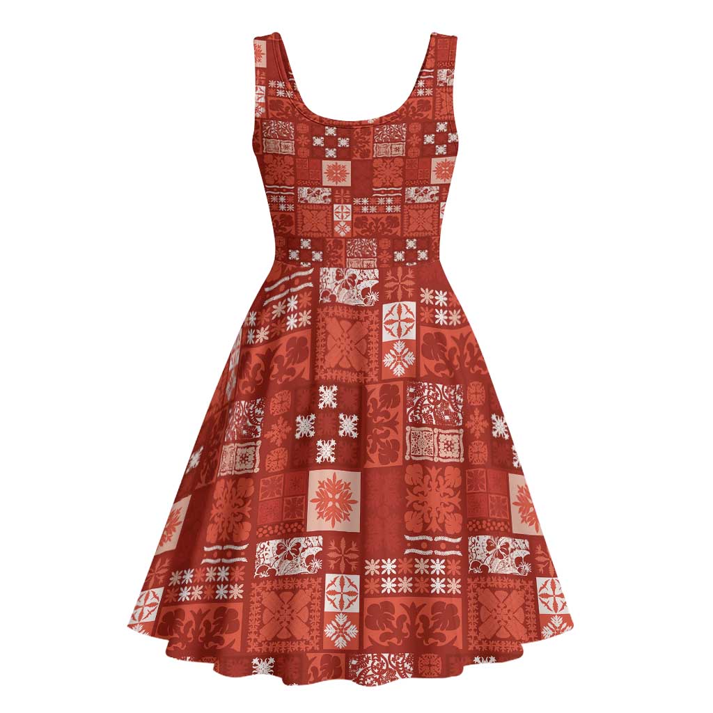 Vintage Hawaiian Quilting Patterns Midi Dress Red Style Tribal Fabric Patchwork - Polynesian Pride