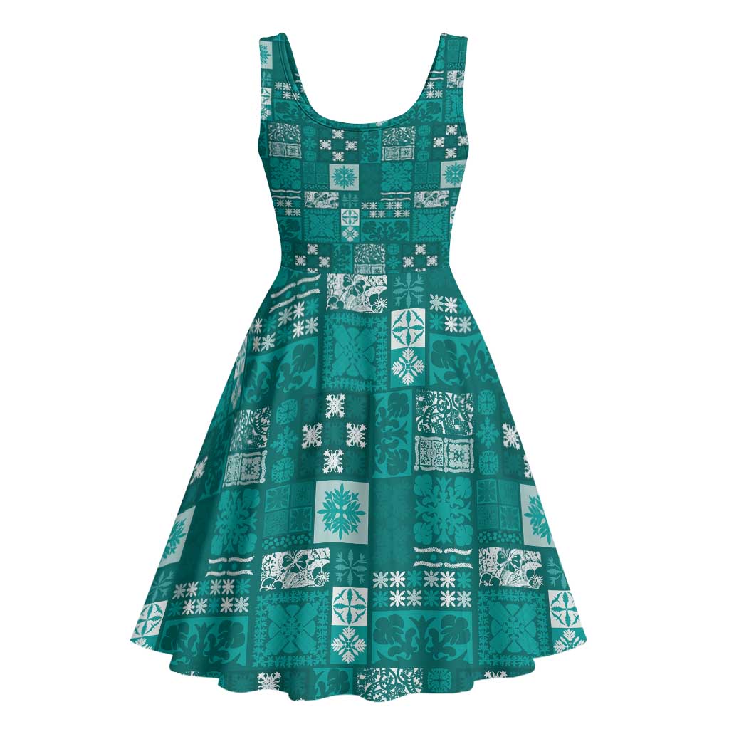 Vintage Hawaiian Quilting Patterns Midi Dress Turquoise Style Tribal Fabric Patchwork - Polynesian Pride
