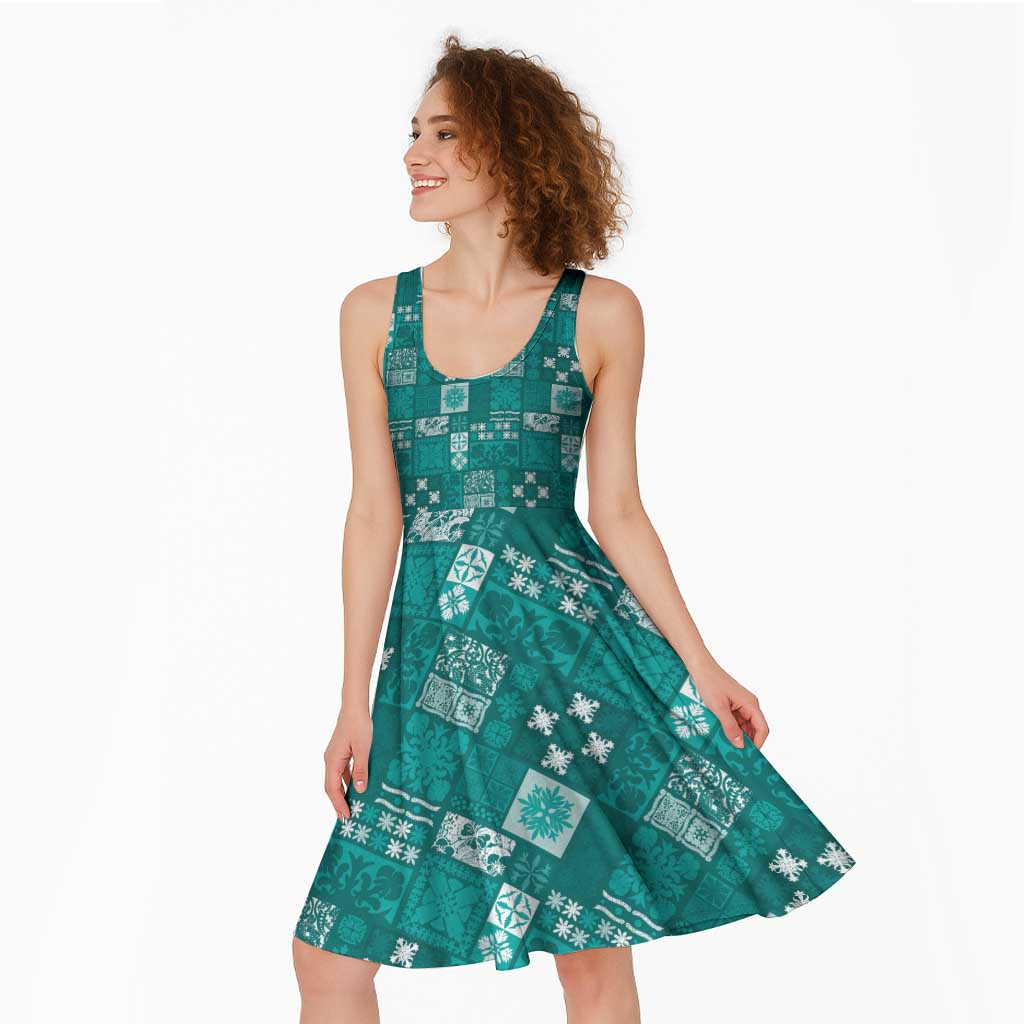 Vintage Hawaiian Quilting Patterns Midi Dress Turquoise Style Tribal Fabric Patchwork - Polynesian Pride