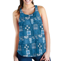 Vintage Hawaiian Quilting Patterns Women Racerback Tank Blue Style Tribal Fabric Patchwork - Polynesian Pride