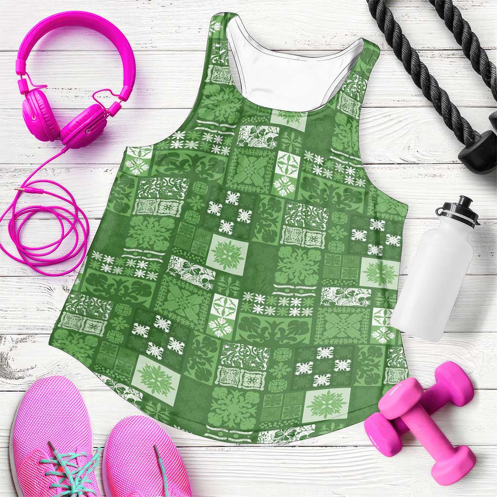 Vintage Hawaiian Quilting Patterns Women Racerback Tank Green Style Tribal Fabric Patchwork - Polynesian Pride