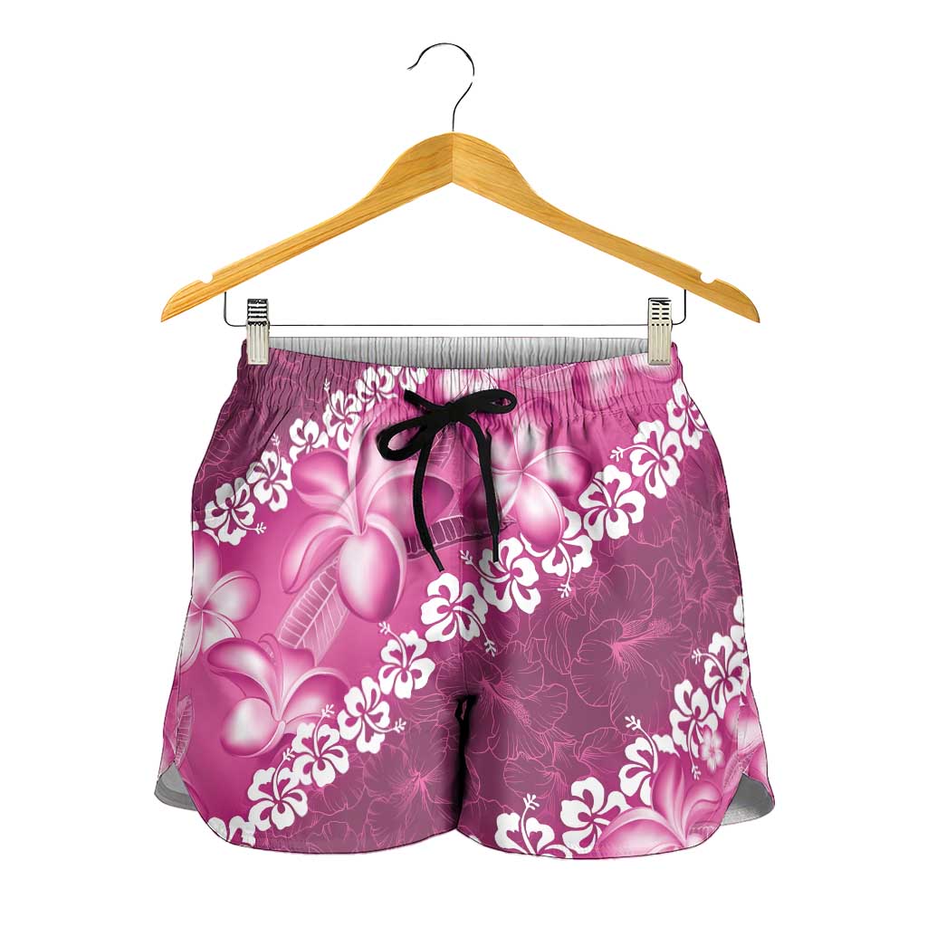 Vintage Pink Polynesia Shorts for Women Plumeria With Hibiscus Tropical Vibes - Polynesian Pride