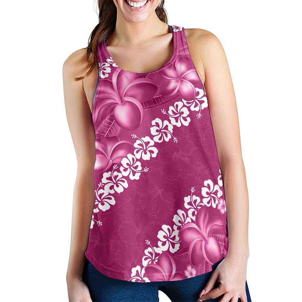 Vintage Pink Polynesia Women Racerback Tank Plumeria With Hibiscus Tropical Vibes - Polynesian Pride