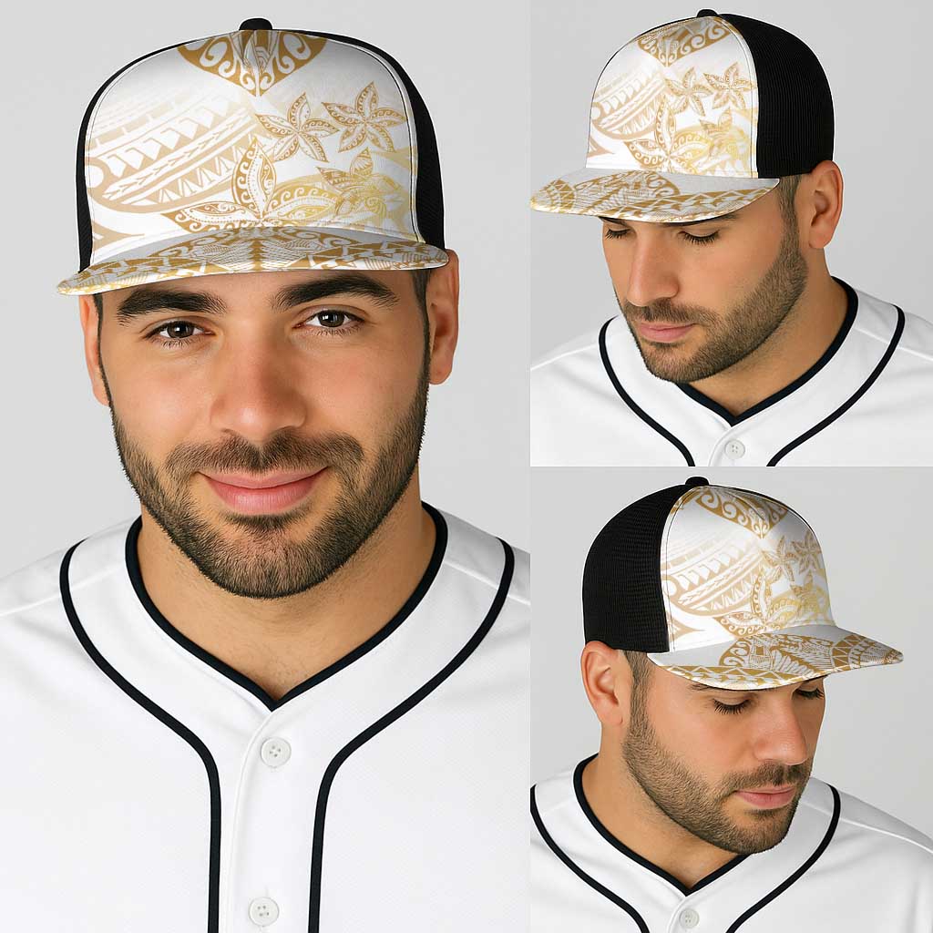 White and Gold Polynesia Baseball Net Cap Plumeria Tattoo With Polynesian Pattern - Polynesian Pride