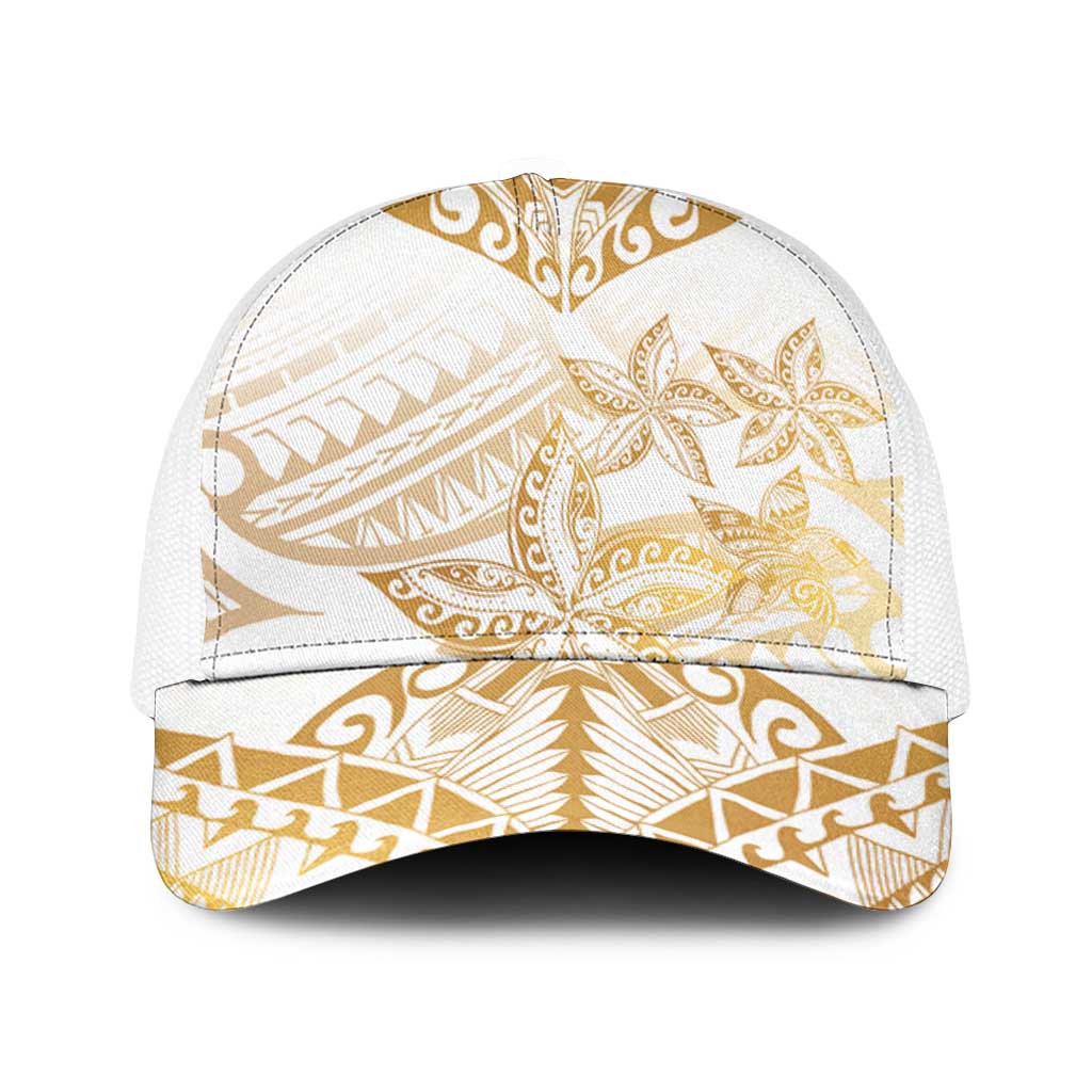White and Gold Polynesia Mesh Trucker Cap Plumeria Tattoo With Polynesian Pattern - Polynesian Pride