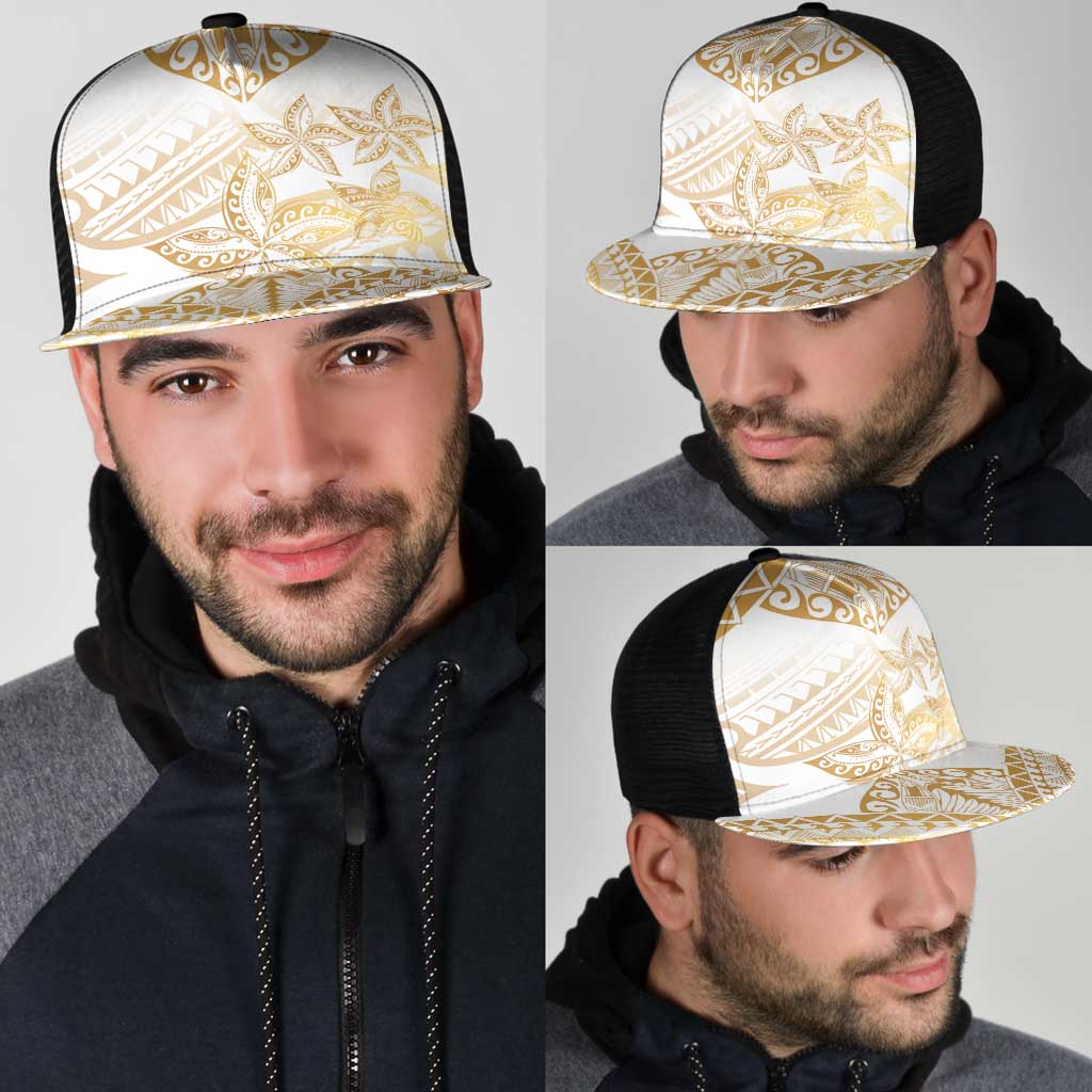 White and Gold Polynesia Mesh Trucker Cap Plumeria Tattoo With Polynesian Pattern - Polynesian Pride