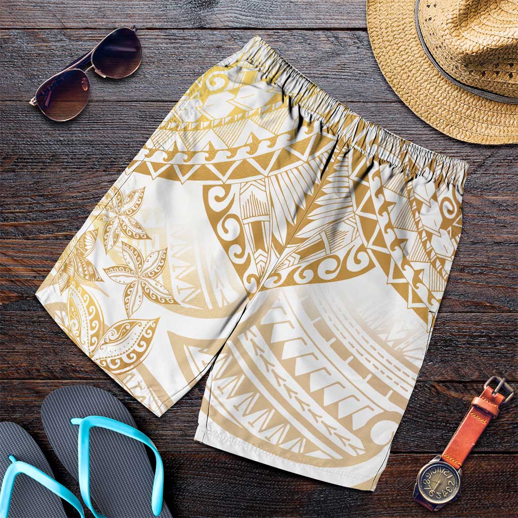 White and Gold Polynesia Shorts for Men Plumeria Tattoo With Polynesian Pattern - Polynesian Pride