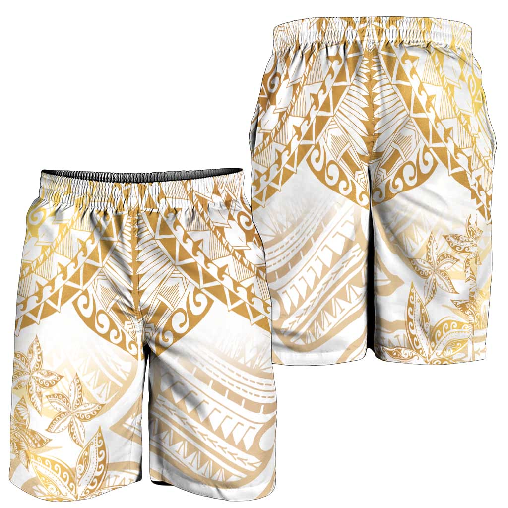 White and Gold Polynesia Shorts for Men Plumeria Tattoo With Polynesian Pattern - Polynesian Pride